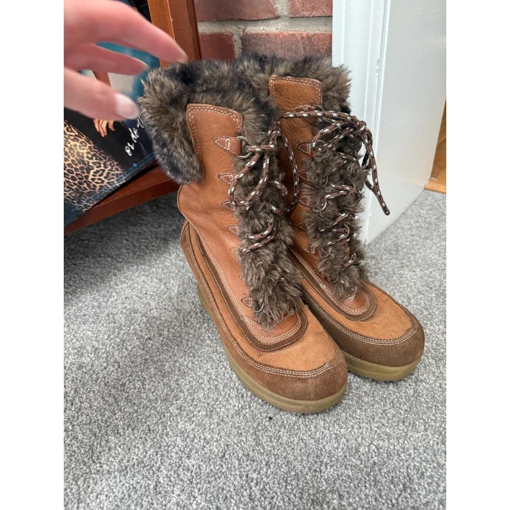 Report Y2k Chunky Boots Women's 8.5 90s Brown Corduroy Wedge Faux Fur‎ VTG